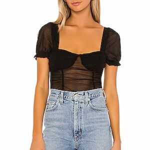 Black Ruched Mesh Puff-Sleeve Women's Top